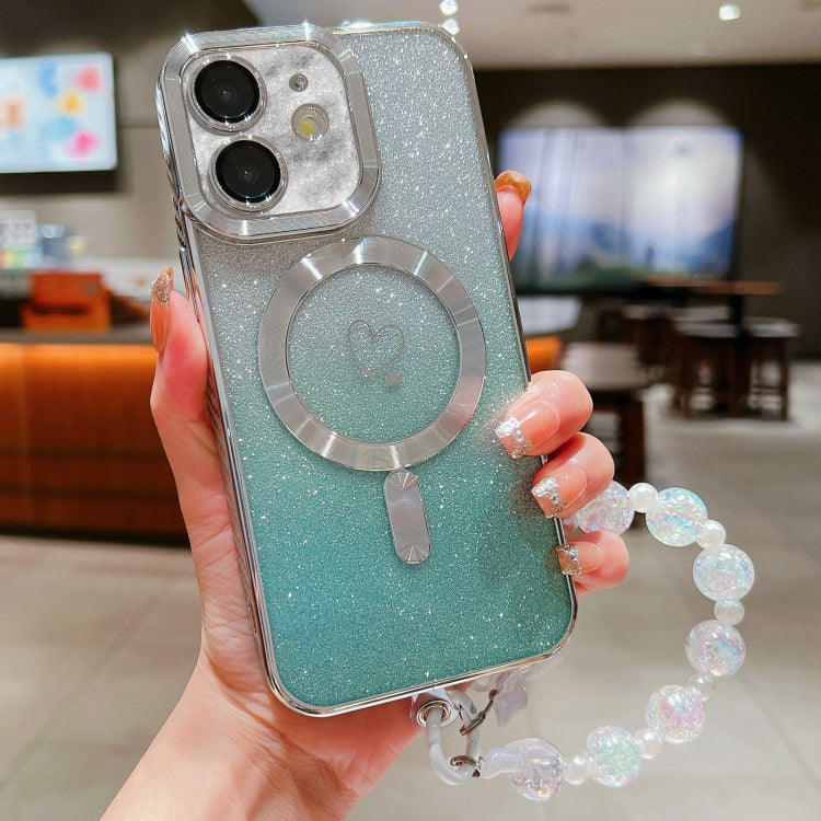 For iPhone 12 Loves Gradient Glitter Bracelets Carbon Fiber Magsafe TPU Phone Case(Green) by buy2fix