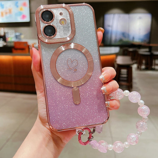 For iPhone 11 Loves Gradient Glitter Bracelets Carbon Fiber Magsafe TPU Phone Case(Pink) by buy2fix