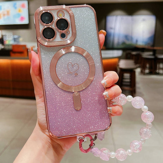 For iPhone 11 Pro Loves Gradient Glitter Bracelets Carbon Fiber Magsafe TPU Phone Case(Pink) by buy2fix