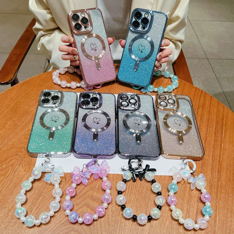 For iPhone 11 Loves Gradient Glitter Bracelets Carbon Fiber Magsafe TPU Phone Case(Pink) by buy2fix