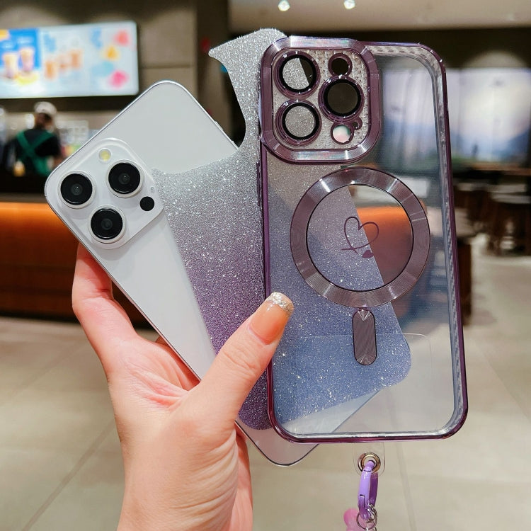 For iPhone 15 Pro Max Loves Gradient Glitter Bracelets Carbon Fiber Magsafe TPU Phone Case(Purple) by buy2fix