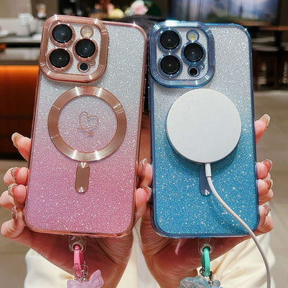 For iPhone 15 Pro Max Loves Gradient Glitter Bracelets Carbon Fiber Magsafe TPU Phone Case(Purple) by buy2fix