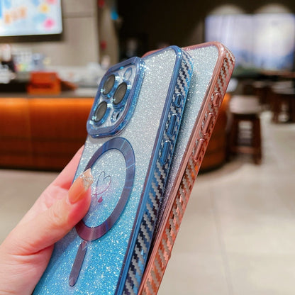 For iPhone 15 Pro Max Loves Gradient Glitter Bracelets Carbon Fiber Magsafe TPU Phone Case(Blue) by buy2fix