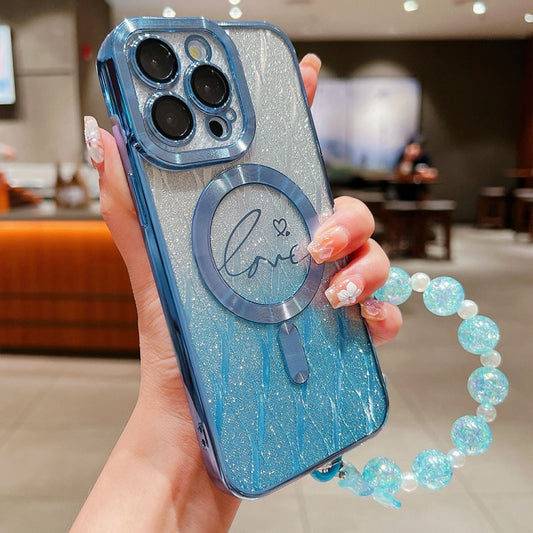 For iPhone 16 Pro Max Dual-Love Leaves Gradient Glitter Bracelets Magsafe TPU Phone Case(Blue) by buy2fix