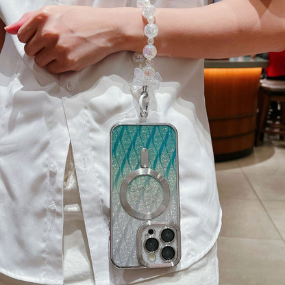 For iPhone 16 Pro Max Dual-Love Leaves Gradient Glitter Bracelets Magsafe TPU Phone Case(Green) by buy2fix