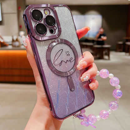 For iPhone 16 Pro Max Dual-Love Leaves Gradient Glitter Bracelets Magsafe TPU Phone Case(Purple) by buy2fix
