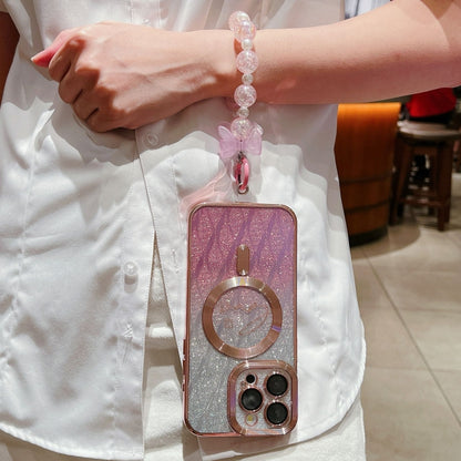 For iPhone 16 Pro Dual-Love Leaves Gradient Glitter Bracelets Magsafe TPU Phone Case(Pink) by buy2fix