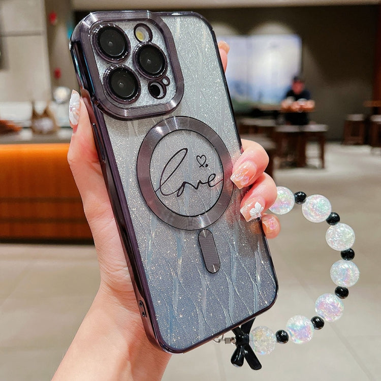 For iPhone 16 Pro Dual-Love Leaves Gradient Glitter Bracelets Magsafe TPU Phone Case(Black) by buy2fix