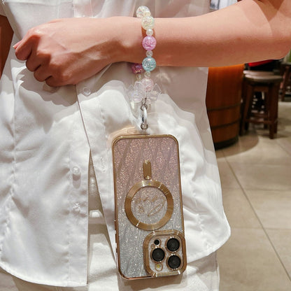 For iPhone 16 Pro Dual-Love Leaves Gradient Glitter Bracelets Magsafe TPU Phone Case(Gold) by buy2fix