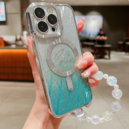 For iPhone 16 Pro Dual-Love Leaves Gradient Glitter Bracelets Magsafe TPU Phone Case(Green) by buy2fix