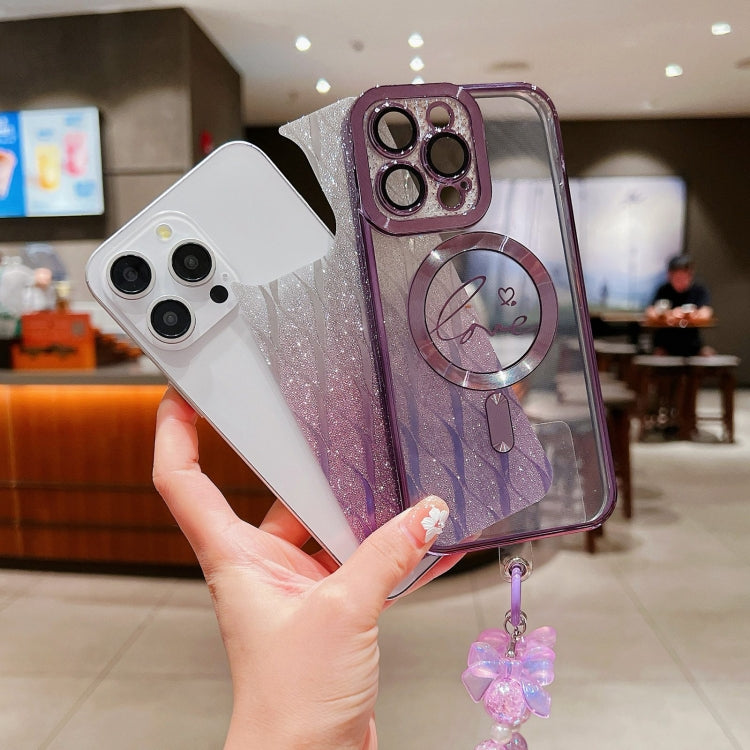 For iPhone 16 Pro Max Dual-Love Leaves Gradient Glitter Bracelets Magsafe TPU Phone Case(Purple) by buy2fix