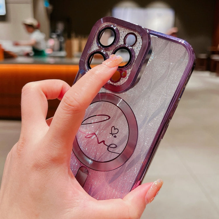 For iPhone 16 Pro Max Dual-Love Leaves Gradient Glitter Bracelets Magsafe TPU Phone Case(Purple) by buy2fix