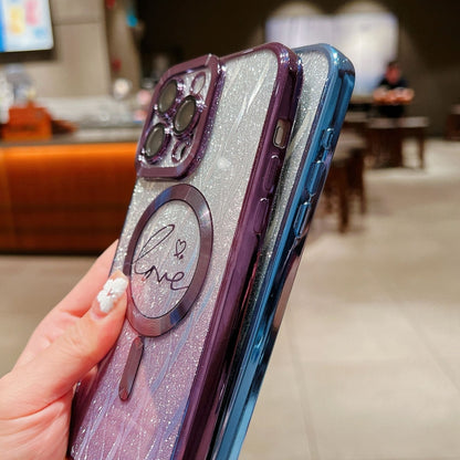 For iPhone 16 Pro Dual-Love Leaves Gradient Glitter Bracelets Magsafe TPU Phone Case(Blue) by buy2fix