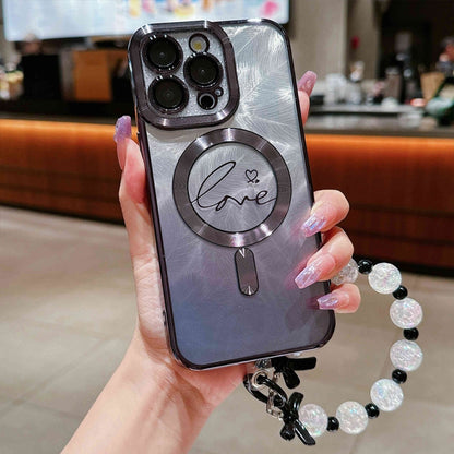 For iPhone 16 Pro Max Dual-Love Feather Gradient Glitter Bracelets Magsafe TPU Phone Case(Black) by buy2fix