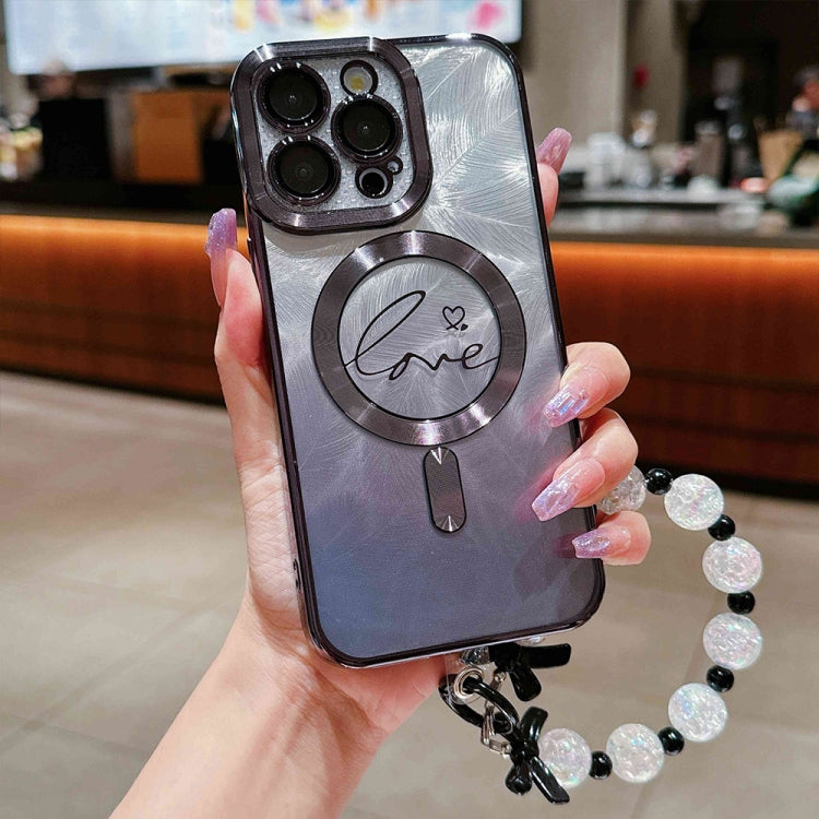 For iPhone 16 Pro Dual-Love Feather Gradient Glitter Bracelets Magsafe TPU Phone Case(Black) by buy2fix