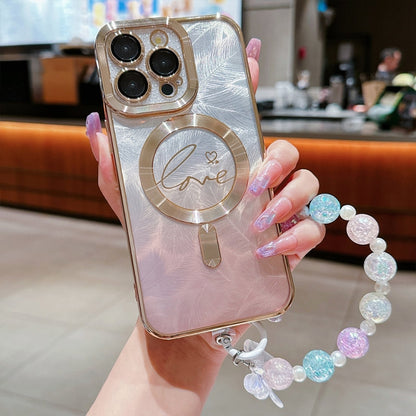 For iPhone 16 Pro Dual-Love Feather Gradient Glitter Bracelets Magsafe TPU Phone Case(Gold) by buy2fix