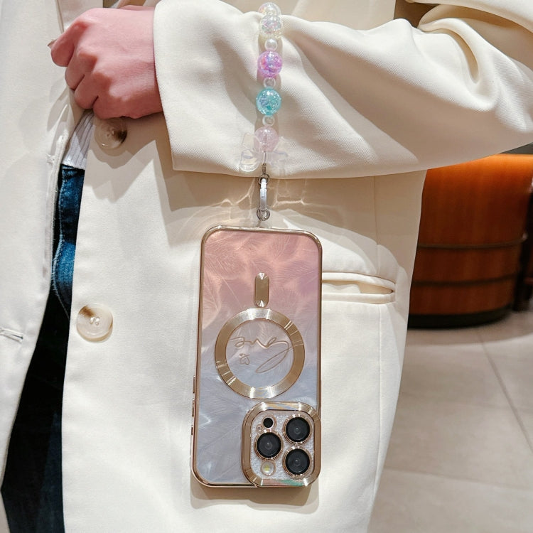 For iPhone 16 Pro Dual-Love Feather Gradient Glitter Bracelets Magsafe TPU Phone Case(Gold) by buy2fix