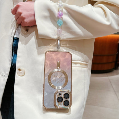 For iPhone 16 Pro Dual-Love Feather Gradient Glitter Bracelets Magsafe TPU Phone Case(Gold) by buy2fix