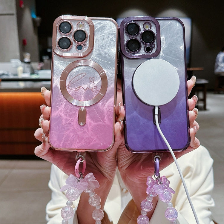 For iPhone 16 Pro Max Dual-Love Feather Gradient Glitter Bracelets Magsafe TPU Phone Case(Purple) by buy2fix