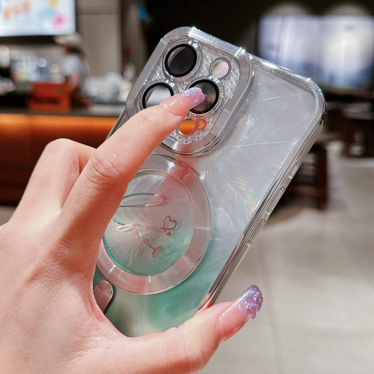 For iPhone 16 Pro Dual-Love Feather Gradient Glitter Bracelets Magsafe TPU Phone Case(Gold) by buy2fix