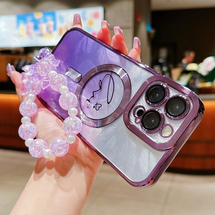 For iPhone 16 Pro Max Dual-Love Feather Gradient Glitter Bracelets Magsafe TPU Phone Case(Purple) by buy2fix