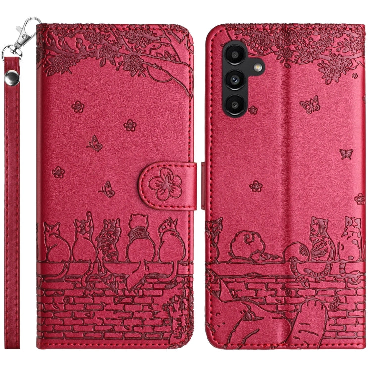 For Samsung Galaxy S25 5G Cat Embossing Pattern Leather Phone Case with Lanyard(Red) by buy2fix