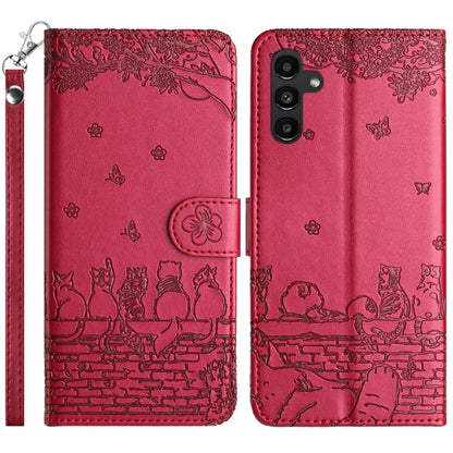 For Samsung Galaxy S25 5G Cat Embossing Pattern Leather Phone Case with Lanyard(Red) by buy2fix