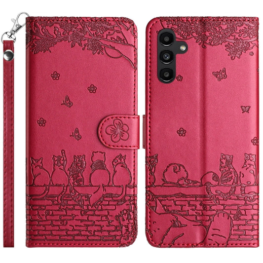 For Samsung Galaxy S25 5G Cat Embossing Pattern Leather Phone Case with Lanyard(Red) by buy2fix