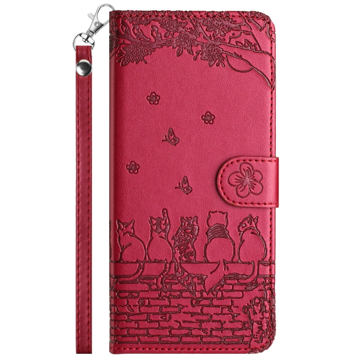 For Samsung Galaxy S25 5G Cat Embossing Pattern Leather Phone Case with Lanyard(Red) by buy2fix