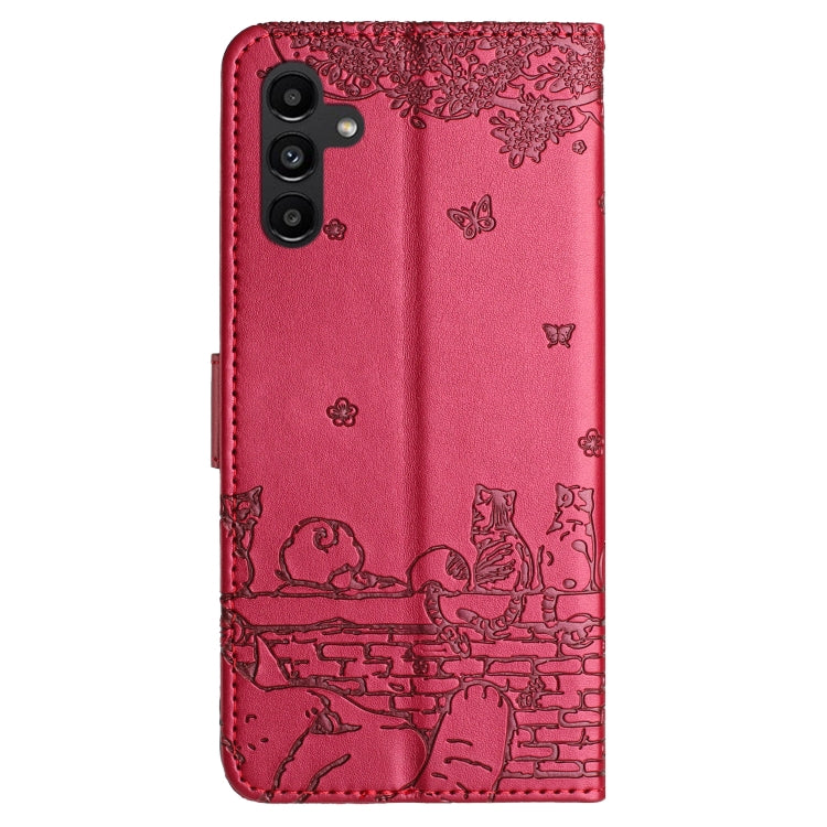 For Samsung Galaxy S25 5G Cat Embossing Pattern Leather Phone Case with Lanyard(Red) by buy2fix