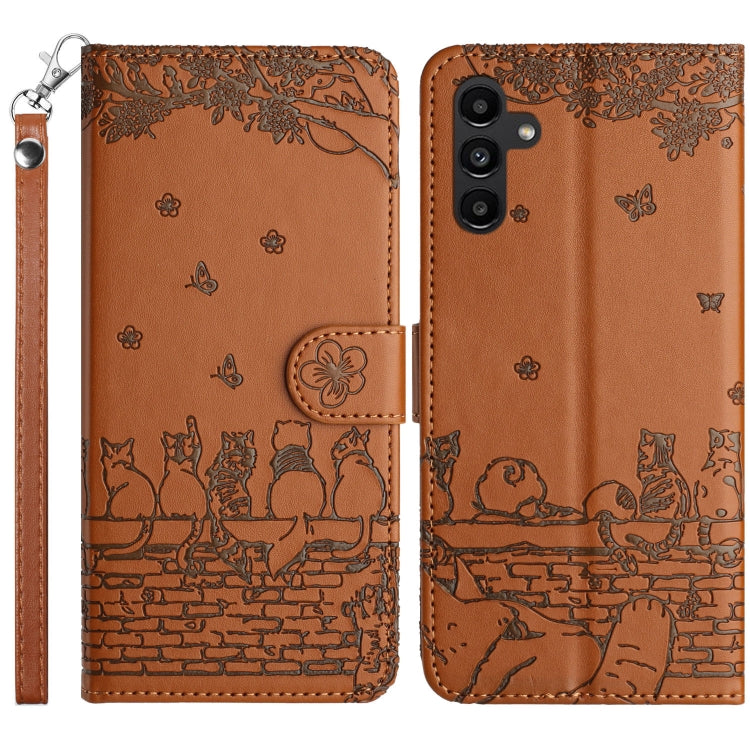 For Samsung Galaxy S25 5G Cat Embossing Pattern Leather Phone Case with Lanyard(Brown) by buy2fix