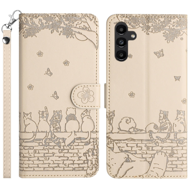 For Samsung Galaxy S25 5G Cat Embossing Pattern Leather Phone Case with Lanyard(Beige) by buy2fix