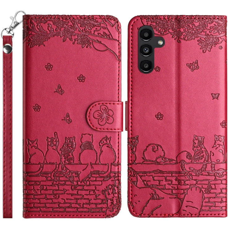 For Samsung Galaxy S25+ 5G Cat Embossing Pattern Leather Phone Case with Lanyard(Red) by buy2fix