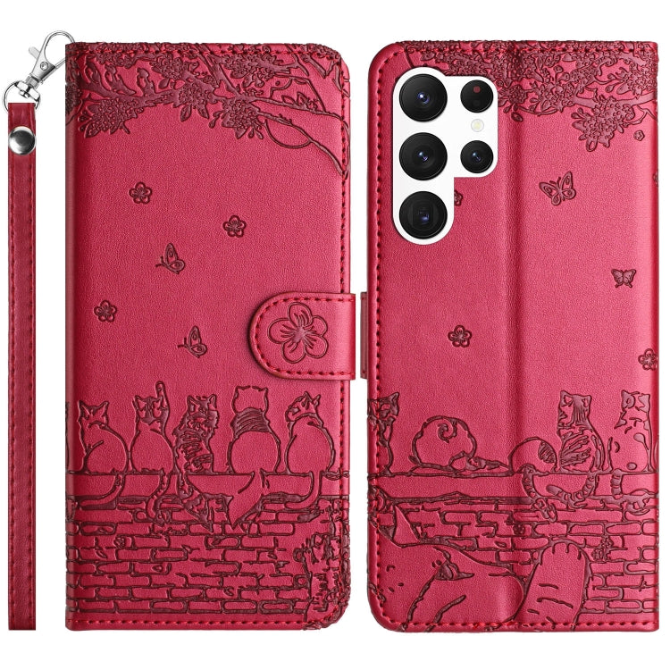 For Samsung Galaxy S25 Ultra 5G Cat Embossing Pattern Leather Phone Case with Lanyard(Red) by buy2fix