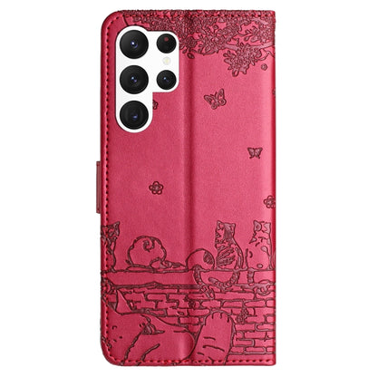 For Samsung Galaxy S25 Ultra 5G Cat Embossing Pattern Leather Phone Case with Lanyard(Red) by buy2fix
