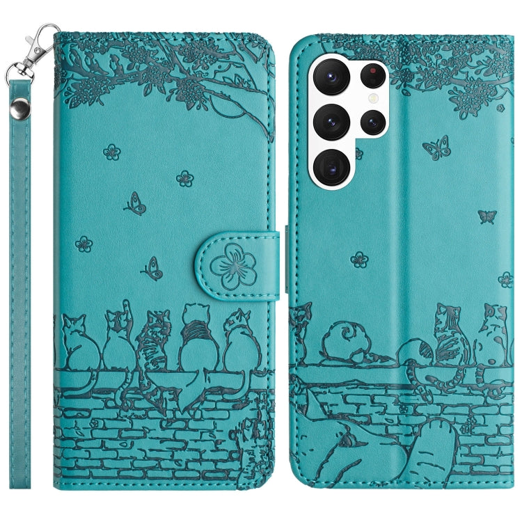 For Samsung Galaxy S25 Ultra 5G Cat Embossing Pattern Leather Phone Case with Lanyard(Blue) by buy2fix