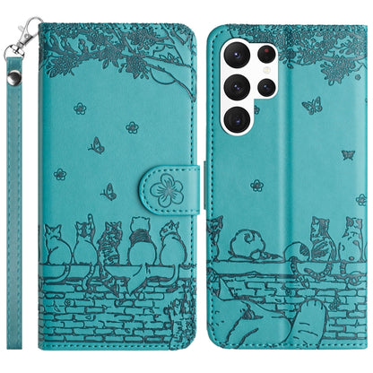 For Samsung Galaxy S25 Ultra 5G Cat Embossing Pattern Leather Phone Case with Lanyard(Blue) by buy2fix