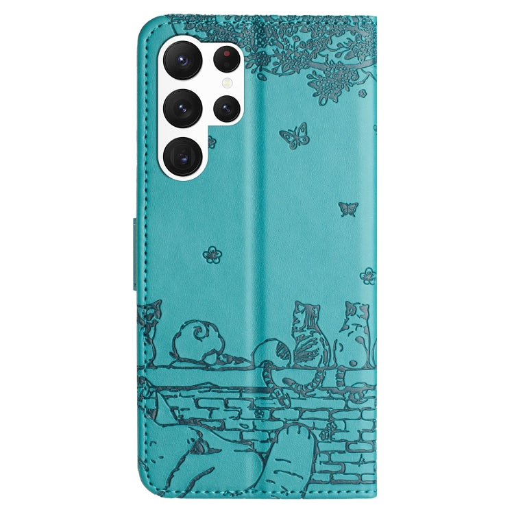 For Samsung Galaxy S25 Ultra 5G Cat Embossing Pattern Leather Phone Case with Lanyard(Blue) by buy2fix