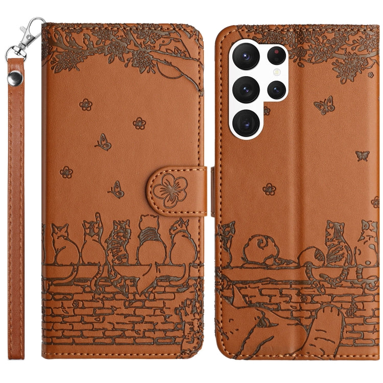 For Samsung Galaxy S25 Ultra 5G Cat Embossing Pattern Leather Phone Case with Lanyard(Brown) by buy2fix