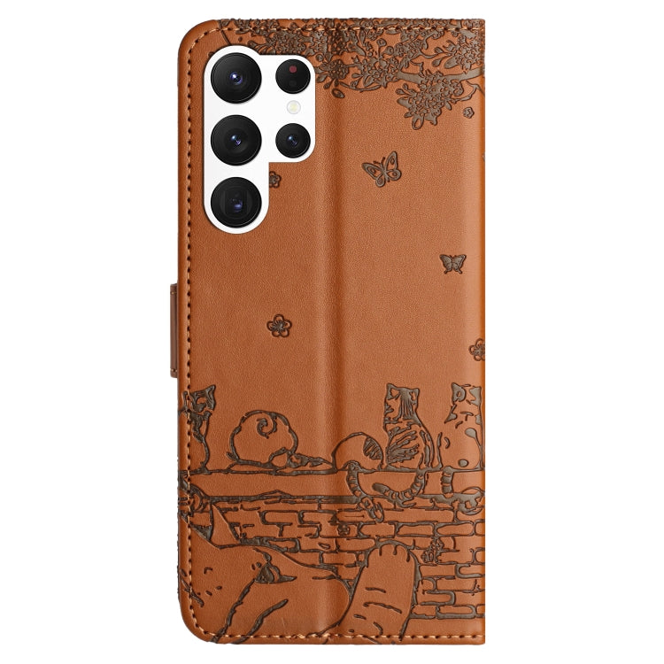 For Samsung Galaxy S25 Ultra 5G Cat Embossing Pattern Leather Phone Case with Lanyard(Brown) by buy2fix