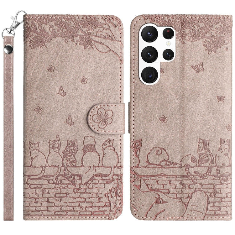 For Samsung Galaxy S25 Ultra 5G Cat Embossing Pattern Leather Phone Case with Lanyard(Grey) by buy2fix
