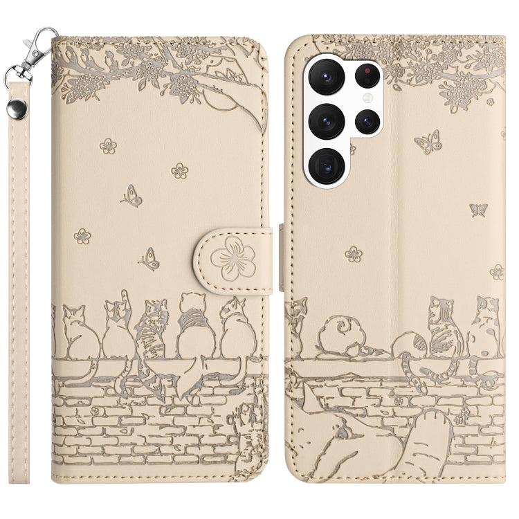 For Samsung Galaxy S25 Ultra 5G Cat Embossing Pattern Leather Phone Case with Lanyard(Beige) by buy2fix