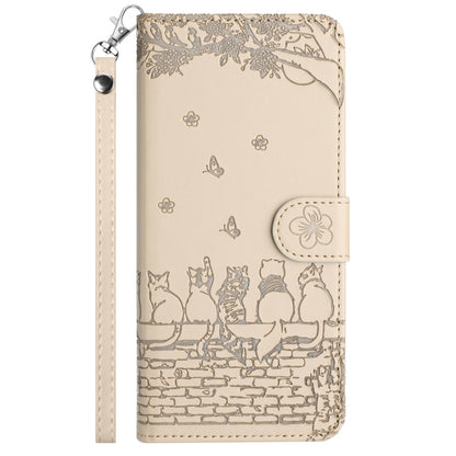 For Samsung Galaxy S25 Ultra 5G Cat Embossing Pattern Leather Phone Case with Lanyard(Beige) by buy2fix