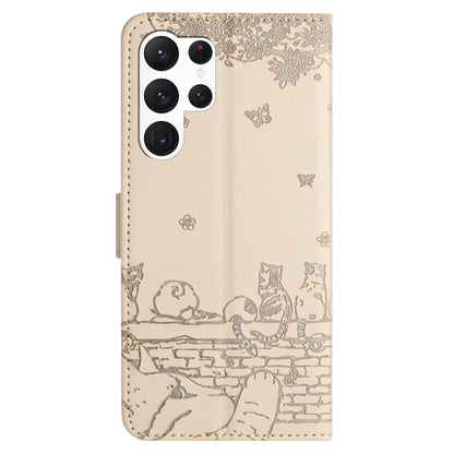 For Samsung Galaxy S25 Ultra 5G Cat Embossing Pattern Leather Phone Case with Lanyard(Beige) by buy2fix