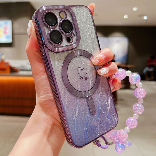 For iPhone 15 Pro Max Loves Leaves Gradient Glitter Bracelets Carbon Fiber Magsafe TPU Phone Case(Purple) by buy2fix