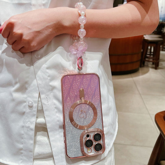 For iPhone 15 Plus Loves Leaves Gradient Glitter Bracelets Carbon Fiber Magsafe TPU Phone Case(Pink) by buy2fix