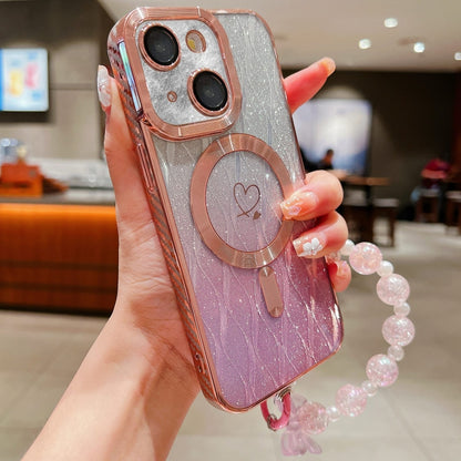 For iPhone 14 Loves Leaves Gradient Glitter Bracelets Carbon Fiber Magsafe TPU Phone Case(Pink) by buy2fix