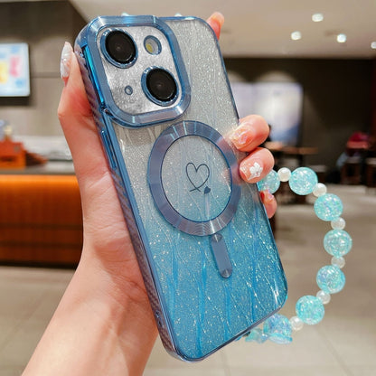 For iPhone 14 Loves Leaves Gradient Glitter Bracelets Carbon Fiber Magsafe TPU Phone Case(Blue) by buy2fix