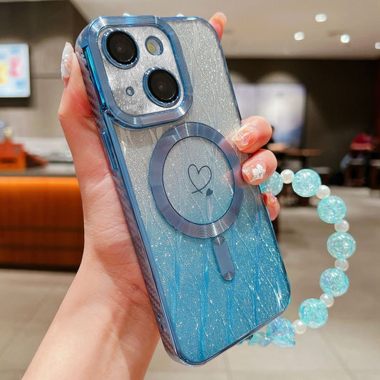 For iPhone 14 Loves Leaves Gradient Glitter Bracelets Carbon Fiber Magsafe TPU Phone Case(Blue) by buy2fix