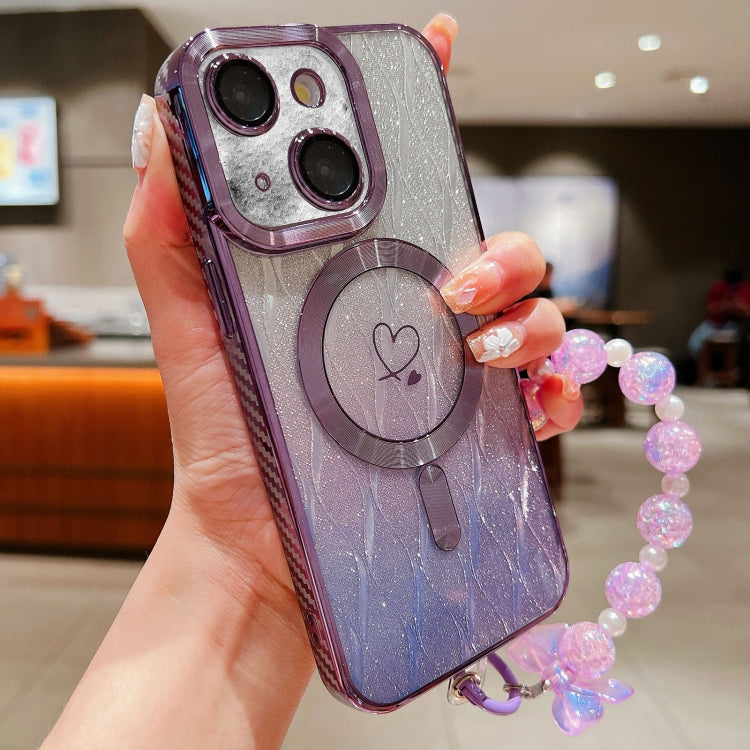 For iPhone 14 Loves Leaves Gradient Glitter Bracelets Carbon Fiber Magsafe TPU Phone Case(Purple) by buy2fix